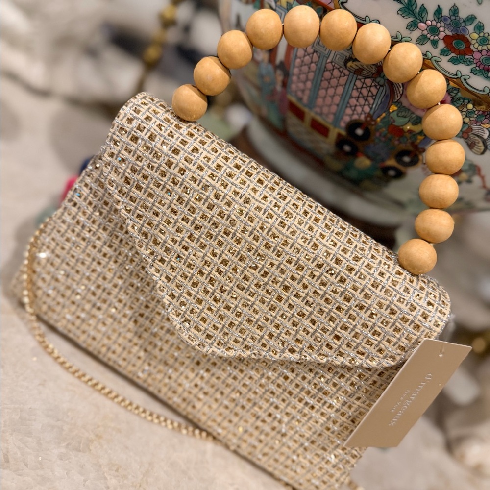 NWT d’Margeaux Metallic Woven Evening Crossbody - Champagne / Gold / Beige.